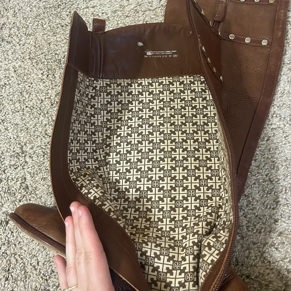 Tory Burch Mae Gold Studs Brown Pebble Leather Tall Riding Boots Women's Size 6